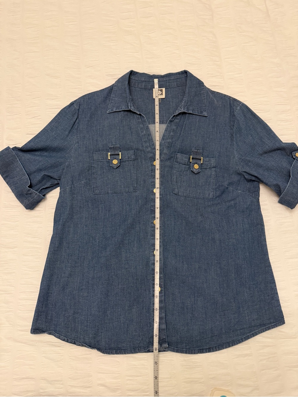 ANNE KLEIN Denim Short Sleeve Button Front Shirt V Neck Western Classic Chic - Picture 12 of 13